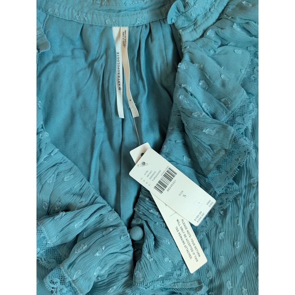 NWT By Anthropologie Long-Sleeve V-Neck Ruffled Tunic Dress Sz S TURQUOISE NA452 - Picture 6 of 9